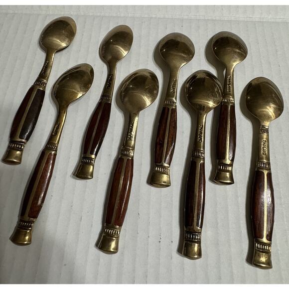 Vintage Brass And Wood Demitasse Coffee Spoon Thailand Lot Of‎ 8 - Picture 2 of 7